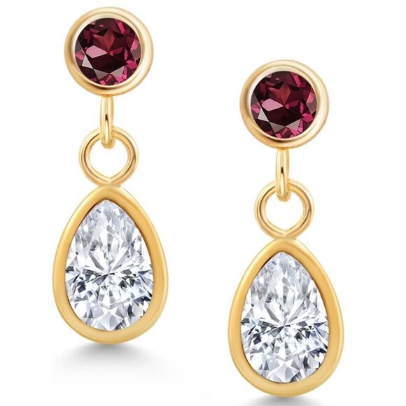 14K Yellow Gold 1.04 Cttw White Moissanite and Rhodolite Garnet Post Earrings